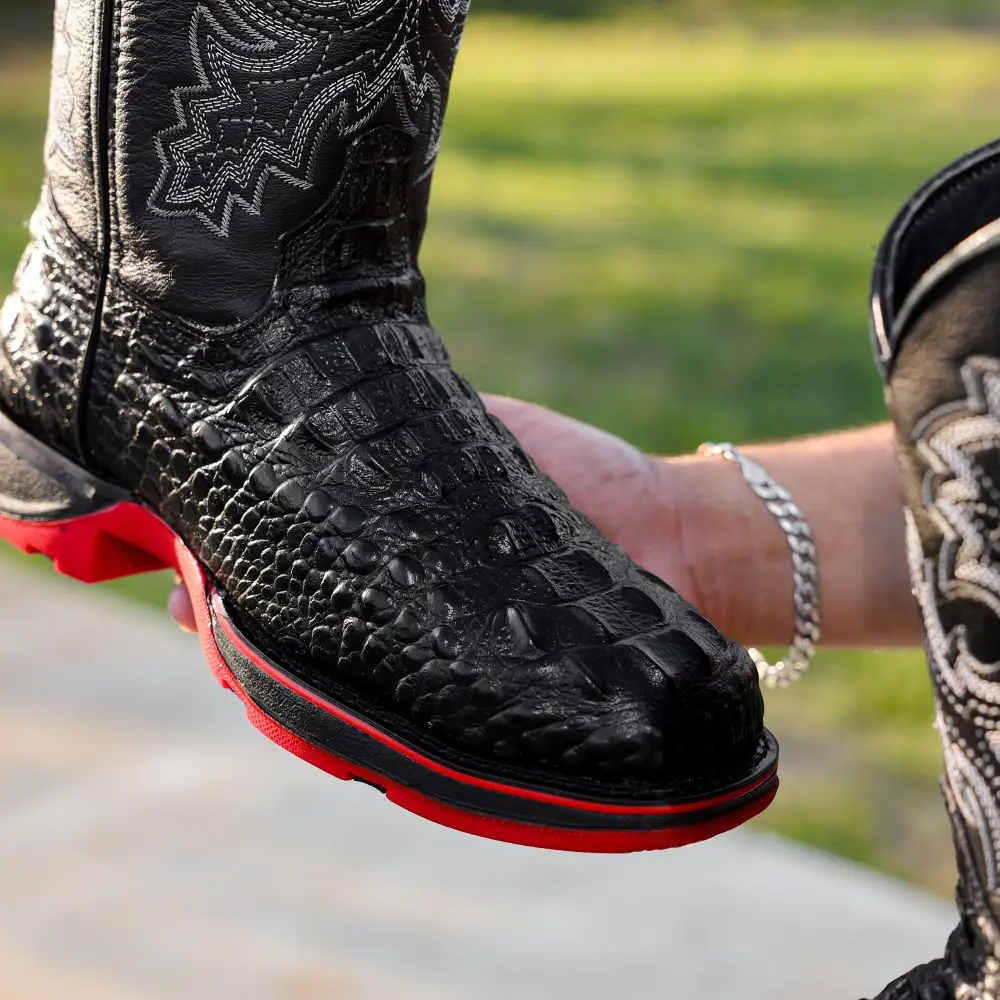 Black Caiman Neck Leather Boots With 3D Lightweight Sole - Composite Toe