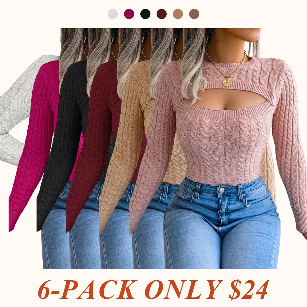 Women's solid color openwork round neck sweater