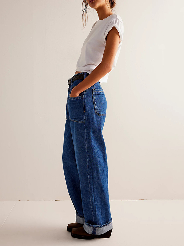 Casual Non-Stretch Washed Straight Wide-Leg Jeans Pants