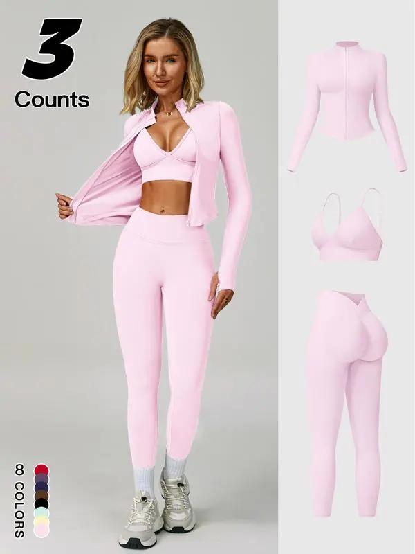 Women Quick-Dry Running Yoga 3-Piece Jacket Leggings Set