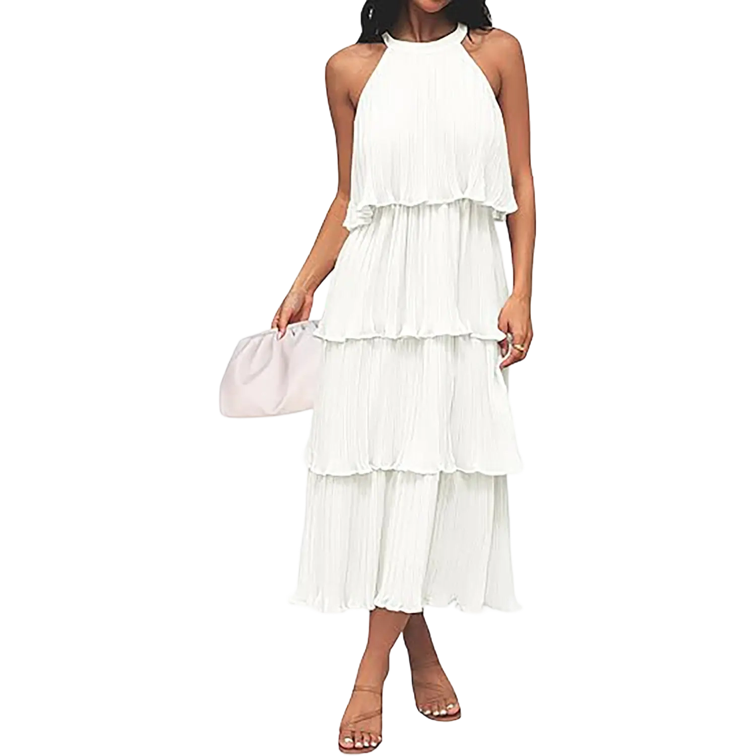 Women's 2025 Summer Sleeveless Halter Neck Ruffle Tiered Layed Chiffon Flowy Swing Long Midi Dress