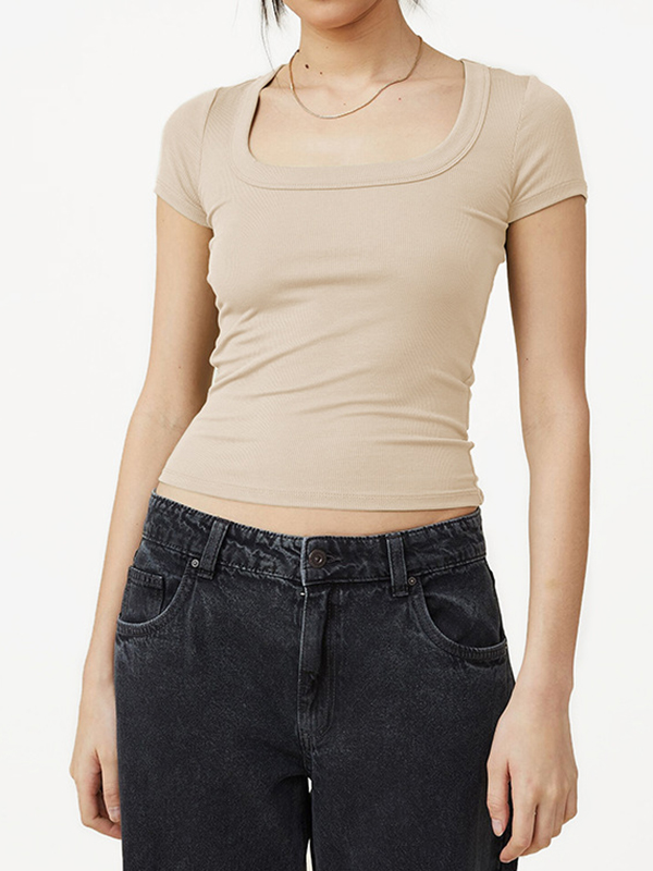 Solid Color Short Sleeves Skinny Square-neck T-Shirts Tops