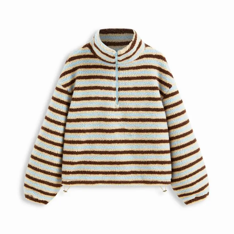 Fleece Stripe Stand Collar Drawstring Half Zip Oversized Sweatshirt