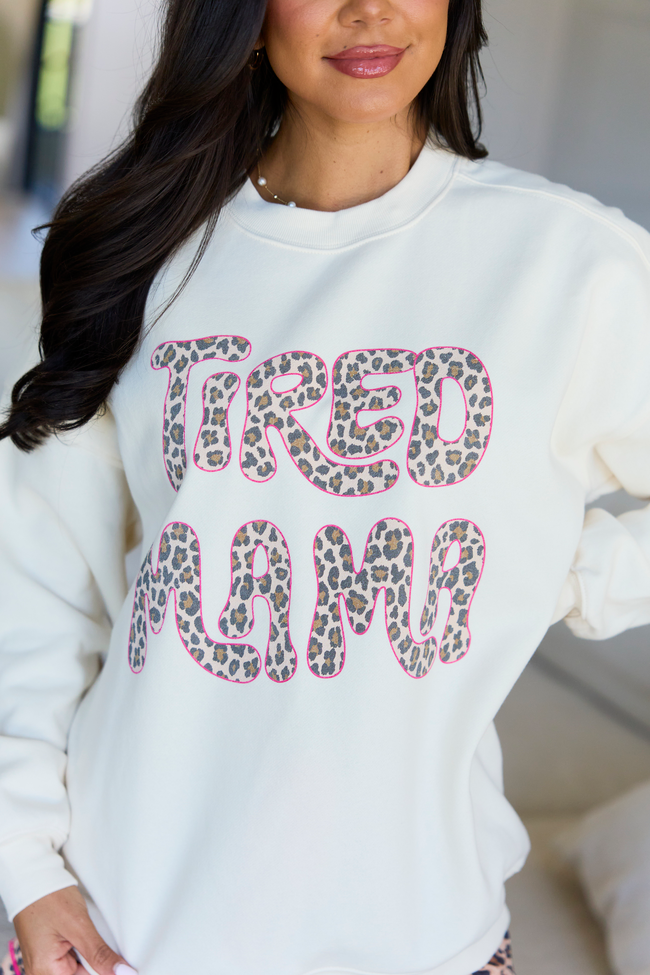 Tired Mama Leopard Cream Graphic Sweatshirt