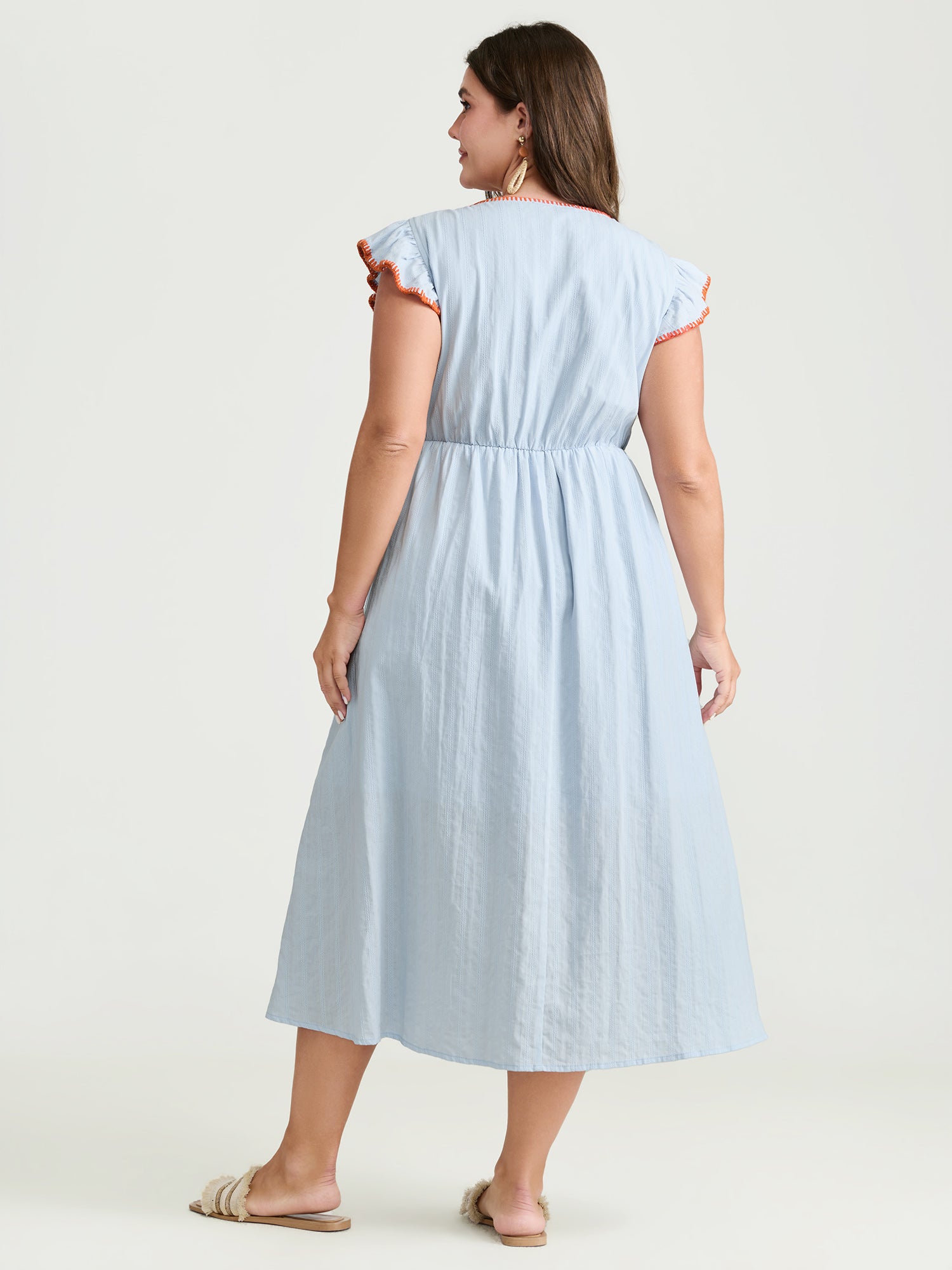 Pure Cotton Embroidered Flutter Sleeve Midi Dress