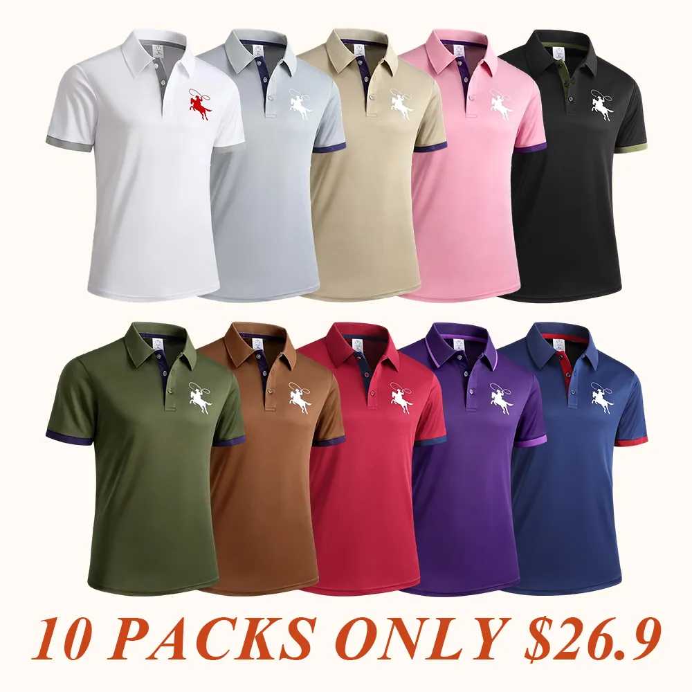 Men's Summer Short Sleeve Polo Shirts with Stylish Contrasting Striped Neckline for Casual Wear Masculine Top