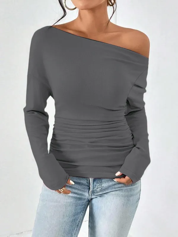 Women's Plain Ruched Asymmetrical Neck Drop Shoulder Tee