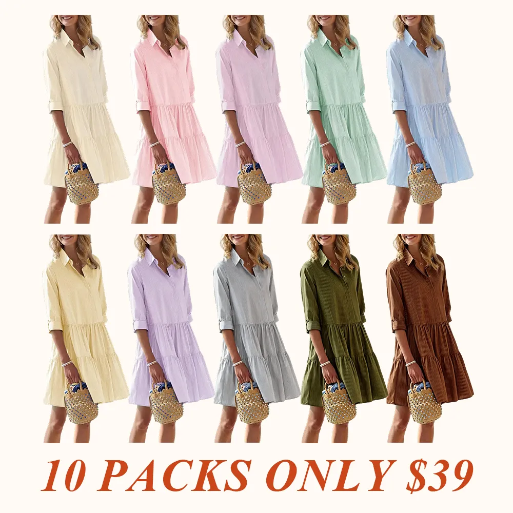 Women's Summer Striped Shirt Dress Half-Button Mini Cake Dress Loose Casual Rolled-Sleeve
