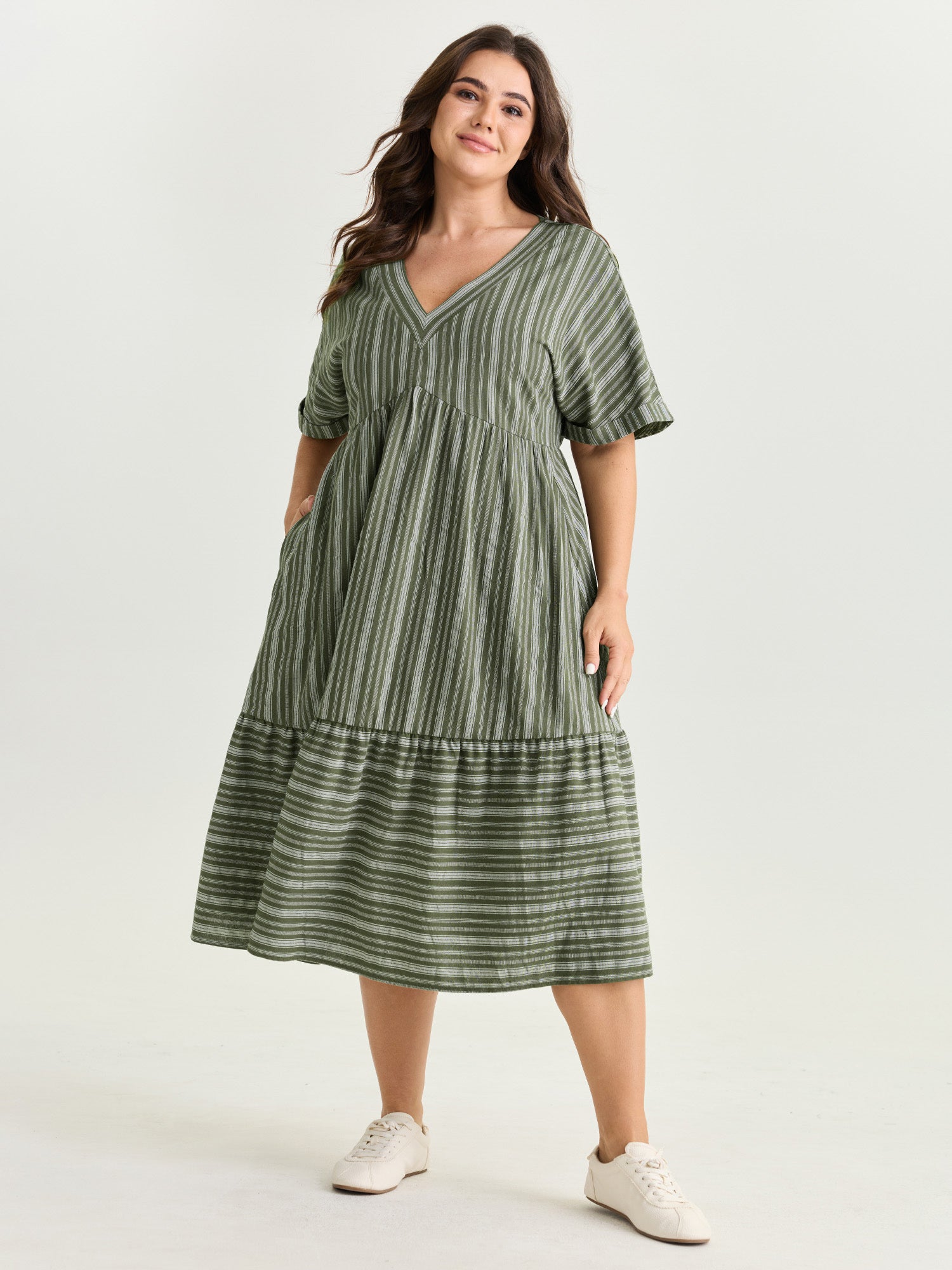 Striped Print V-Neck Midi Dress