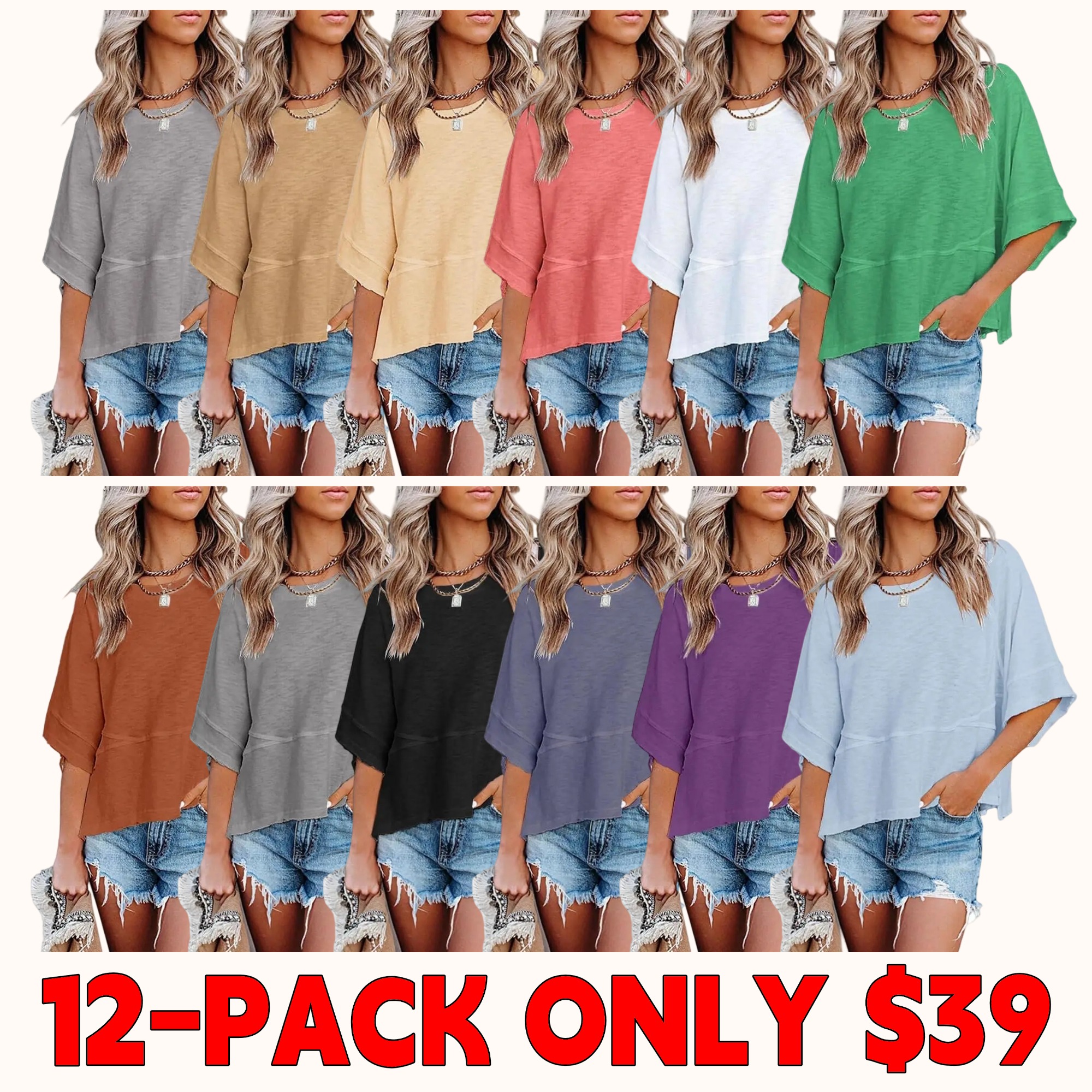 Women's Summer Casual Crewneck Batwing Half Sleeve T-Shirts Solid Color Loose Fit Cute Basic Flowy Tops Tees Blouses