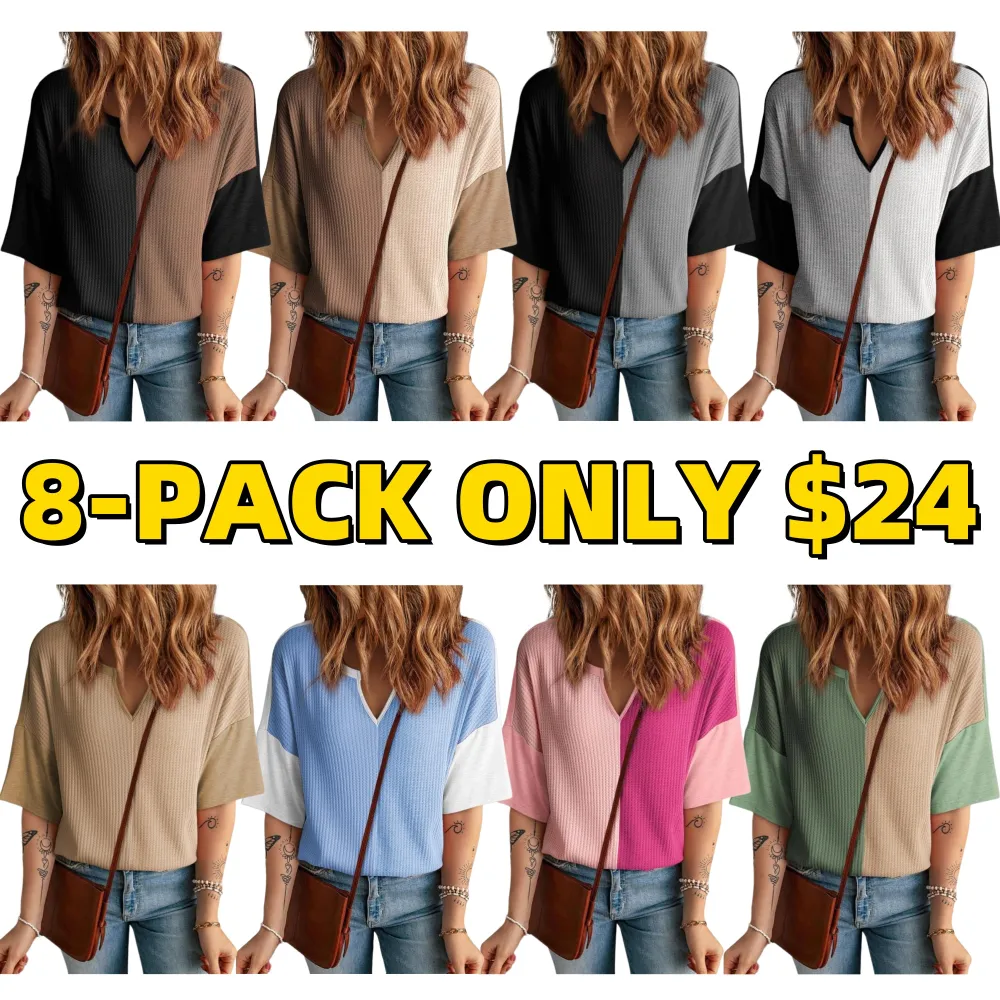 Womens Half Sleeve Waffle Knit Shirts V Neck Colorblock Blouses