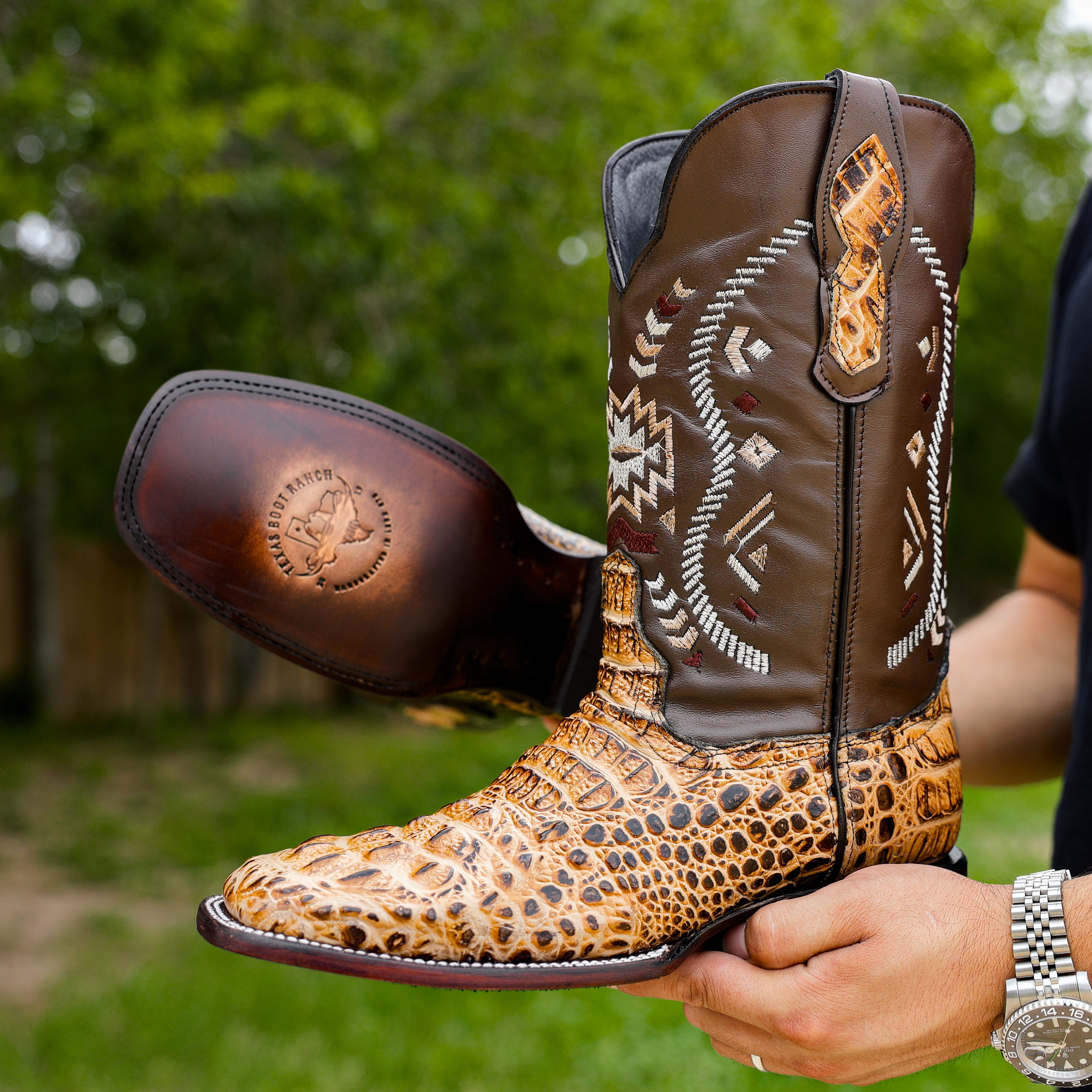 Bone Caiman Neck Leather Boots - Square Toe