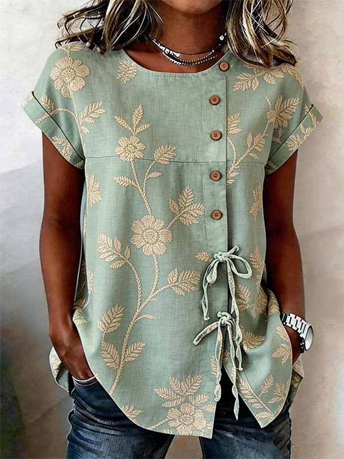 Women'S Casual Printed Tie-Waist Button-Up Top