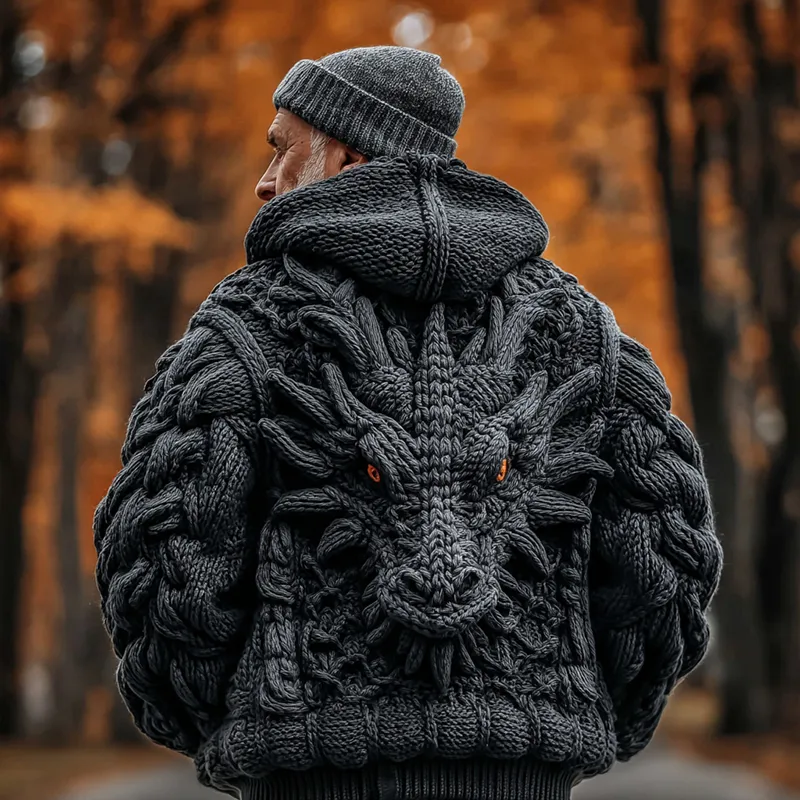 Men's Viking Dragon Totem Chunky Knit Hooded Cardigan