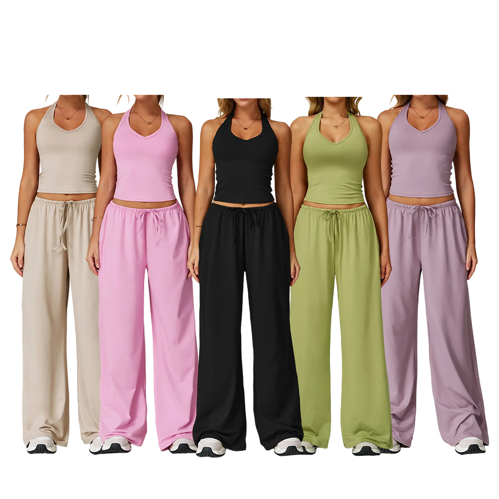 Mother's Day Gifts, Matching Sets Women 2 Piece Sets Summer Casual V Neck Top Wide Leg Pants Womens Holiday Travel Wear Fabric Breathable Summer Casual Clothing Sportswear Gym Sets Casual Loose Long Pant