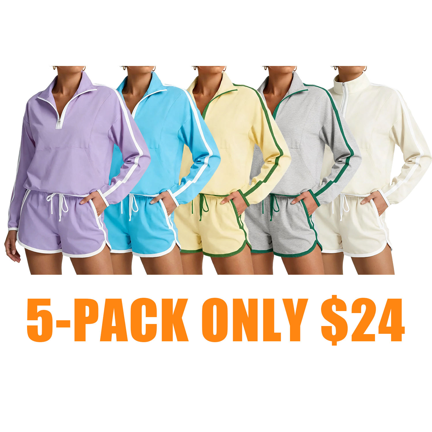 Womens 2 Piece Outfits Sets Half Zip V Neck Long Sleeve Pullover Tops Shorts Casual Tennis Running Tracksuits