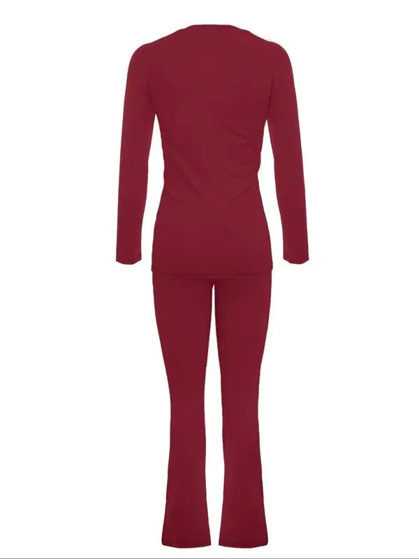 Women's Fashion New Round Neck Solid Color Patch Long Sleeve Top & Pants Set, Two-Piece for Casual Wear