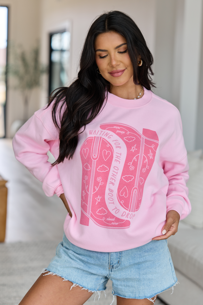 Waiting For The Other Boot To Drop Light Pink Graphic Sweatshirt