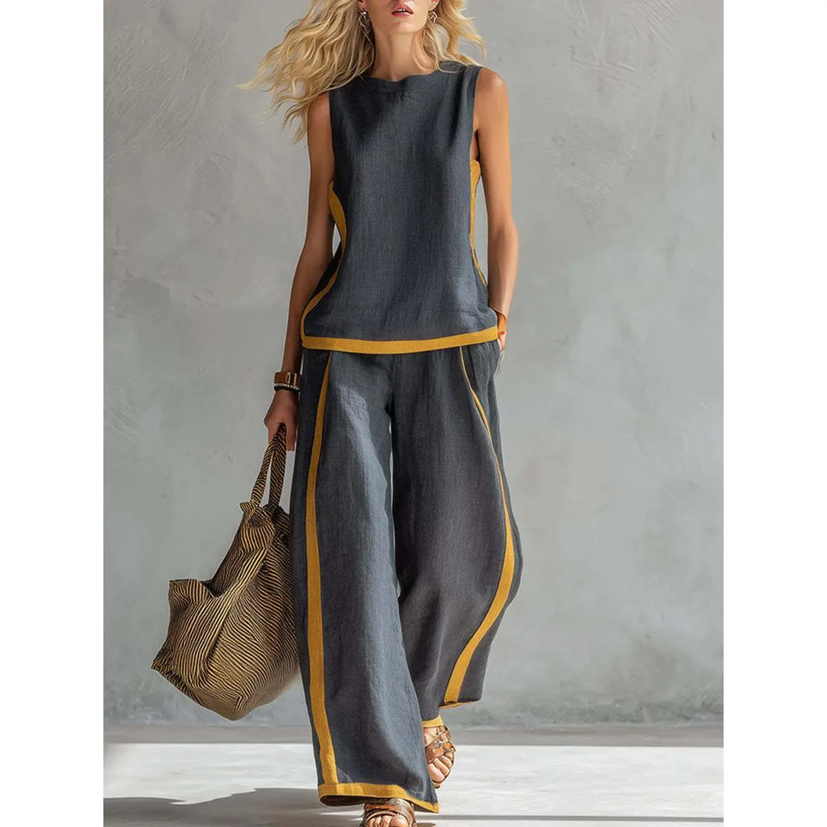 2026 Linen Blend Two Piece Set for Women Sleeveless Color Block Top Wide Leg Pants Set Casual Summer Outfit
