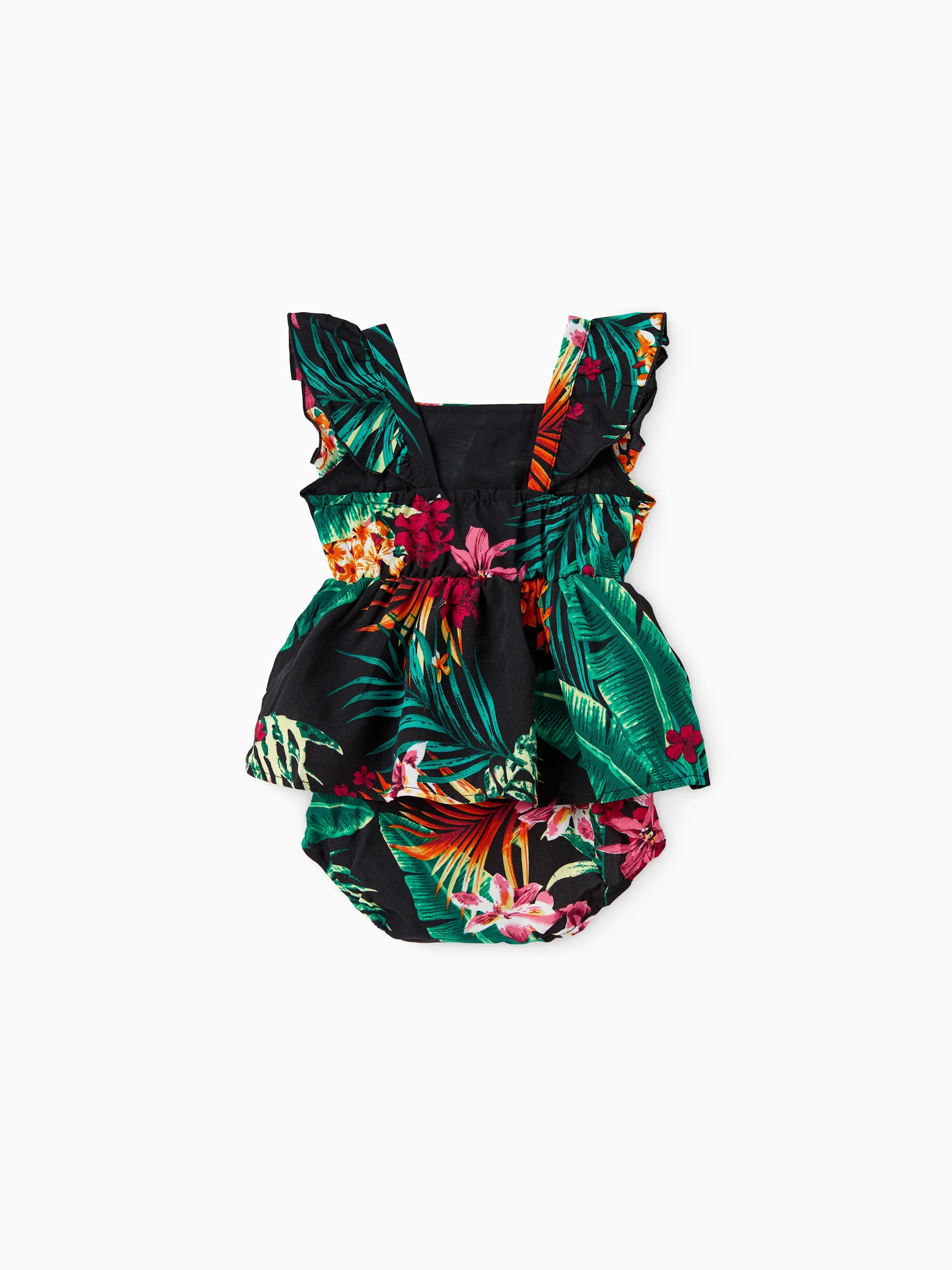 Family Matching Allover Plant Floral Print Halterneck Dresses and Short-sleeve Shirts Sets Black