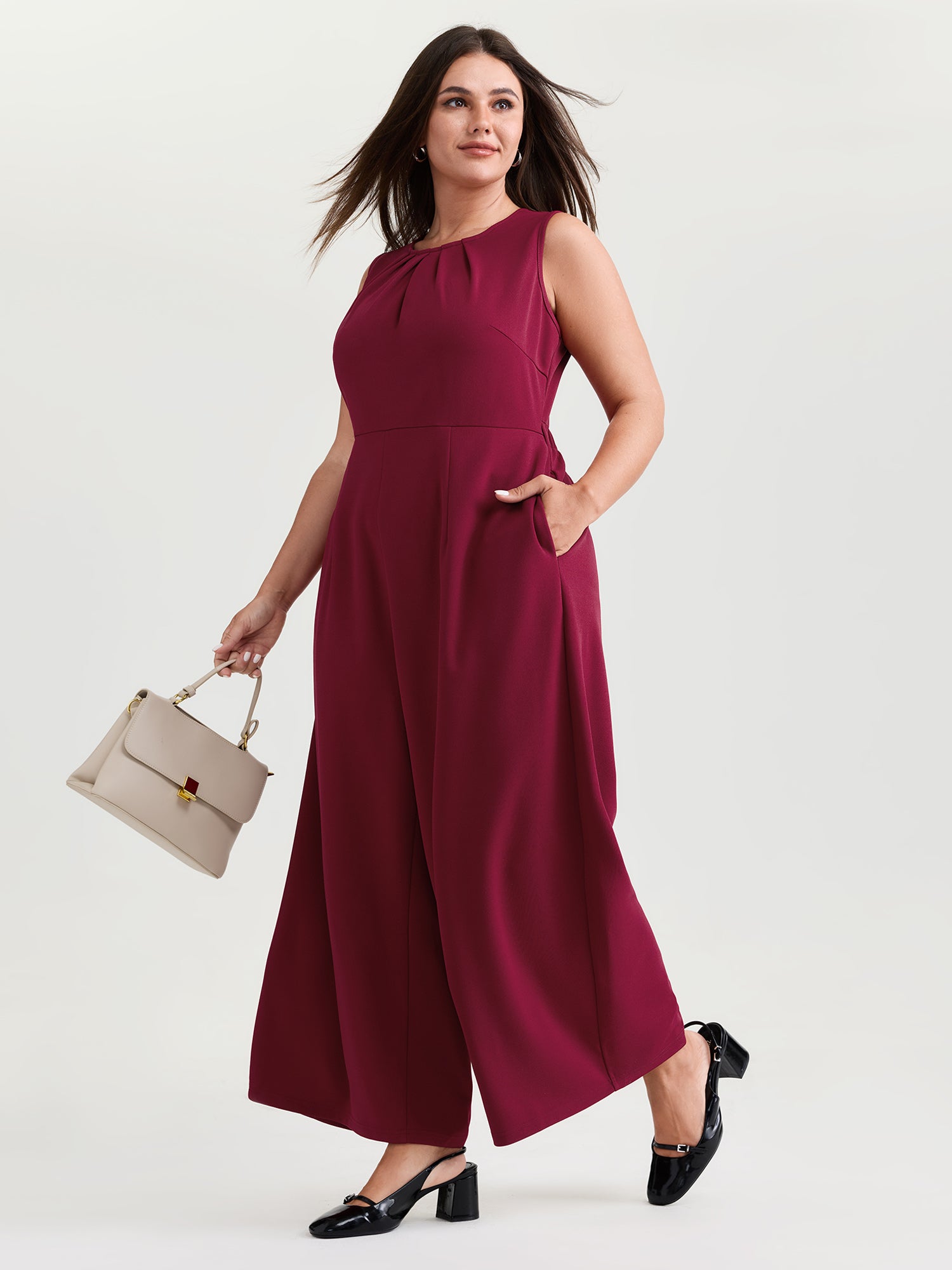 Pleated Neckline Stretchy Waist Jumpsuit