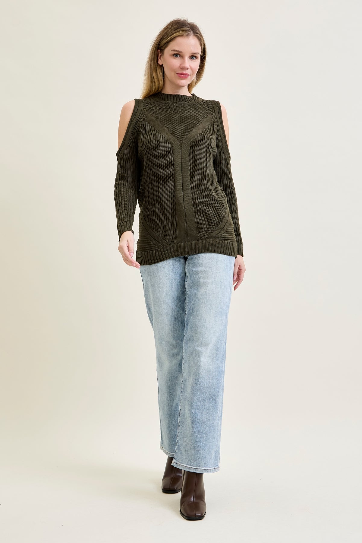Cold Shoulder Cable Pullover Green Sweater