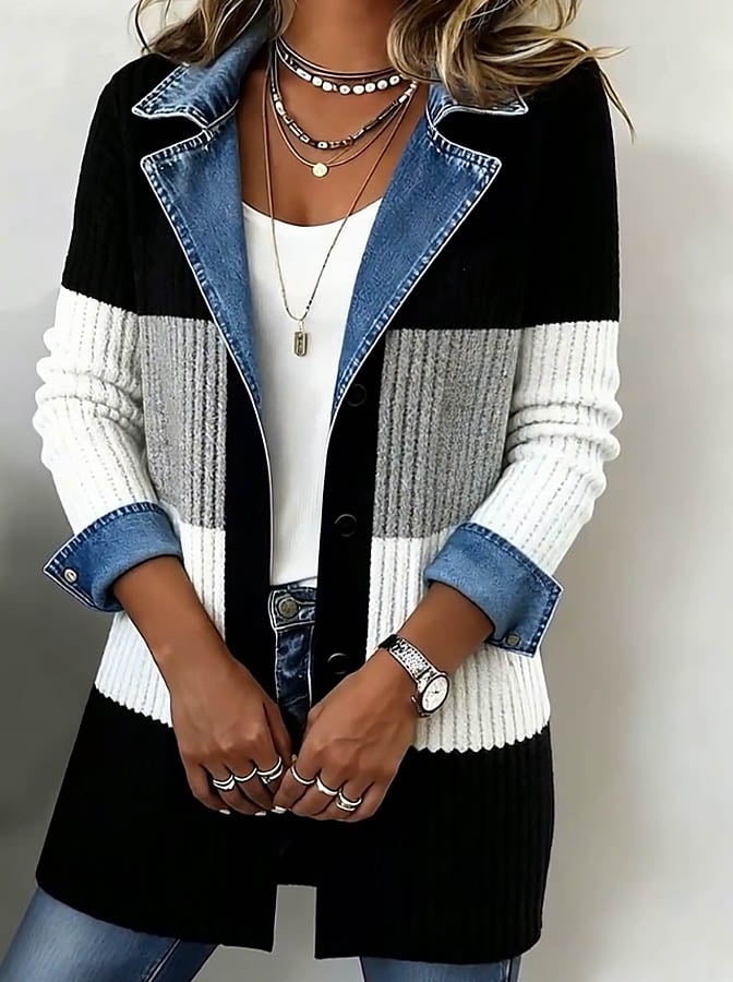 Women'S Casual Loose Contrast Color Patchwork Jacket