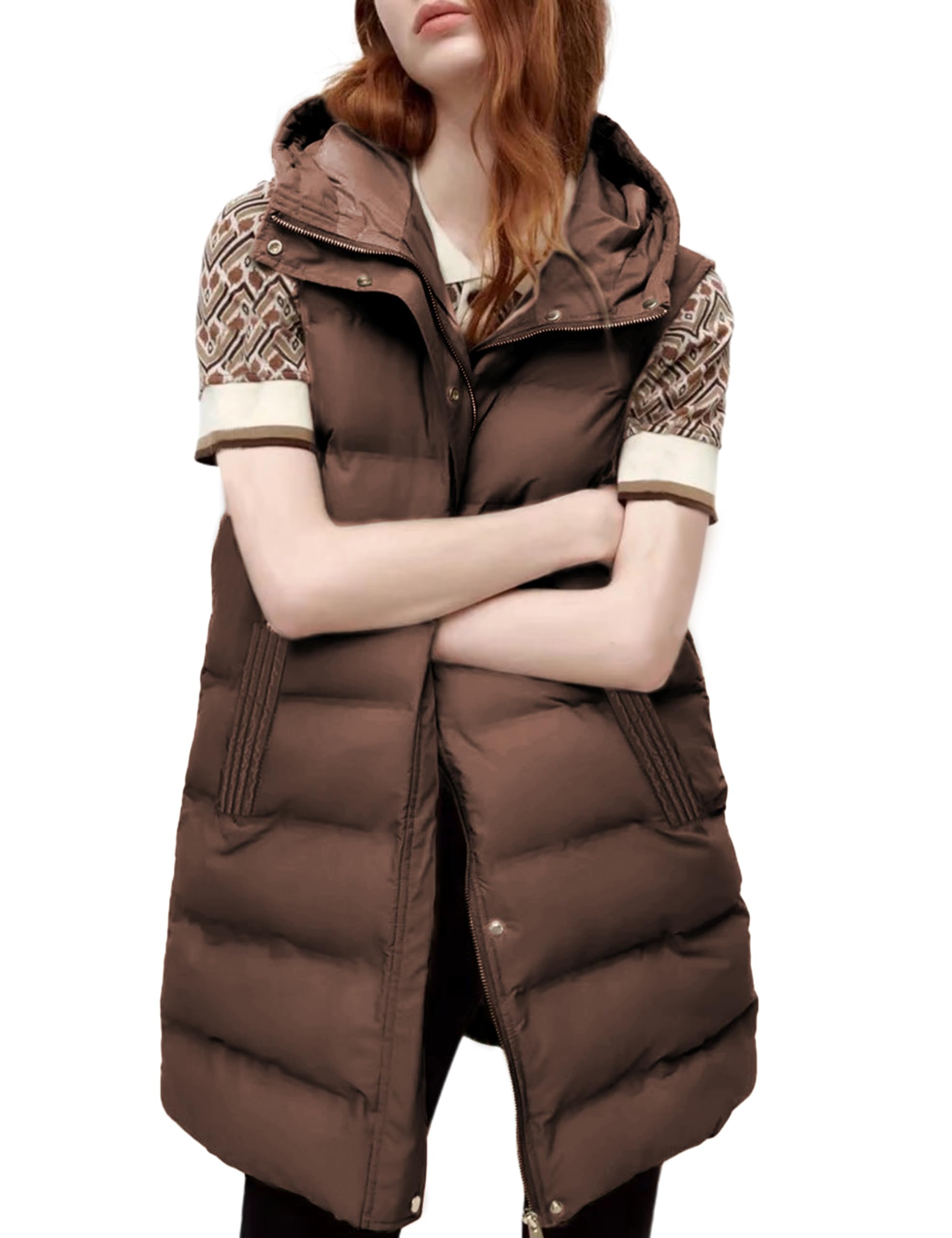 Women's Long Puffer Vest Casual Sleeveless Puffer Jacket with Removable Hood Sets