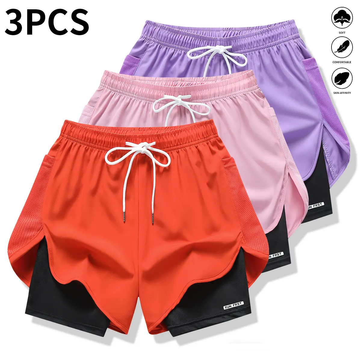 Pack of 3 women’s casual athletic pants, faux two-piece design, solid color, with inner lining, elastic drawstring waistband