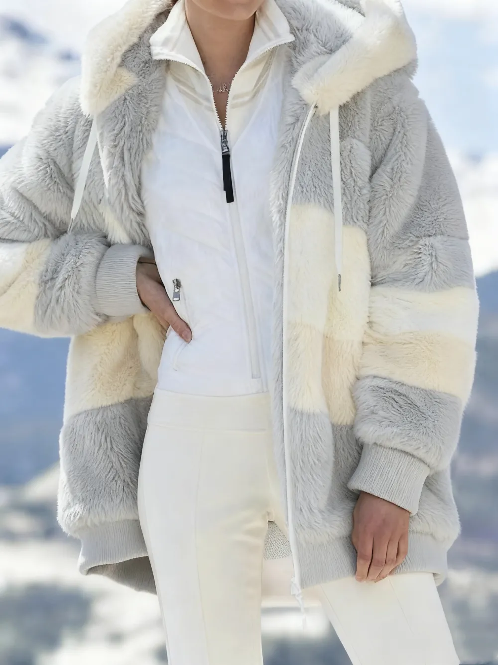 Women's Colorblock Drop Shoulder Hooded Polar Fleece Coat