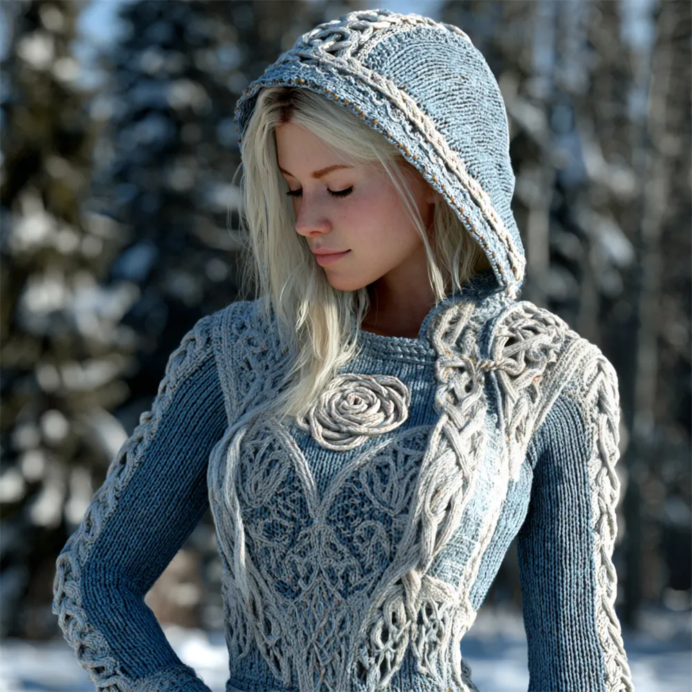 Viking Rose Knit Art Women's Hooded Sweater