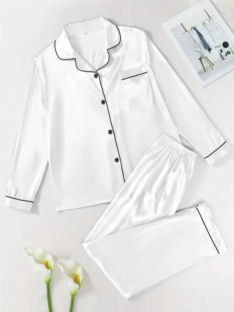 Two-Piece Set Women's Solid Contrast Binding Satin Pyjamas