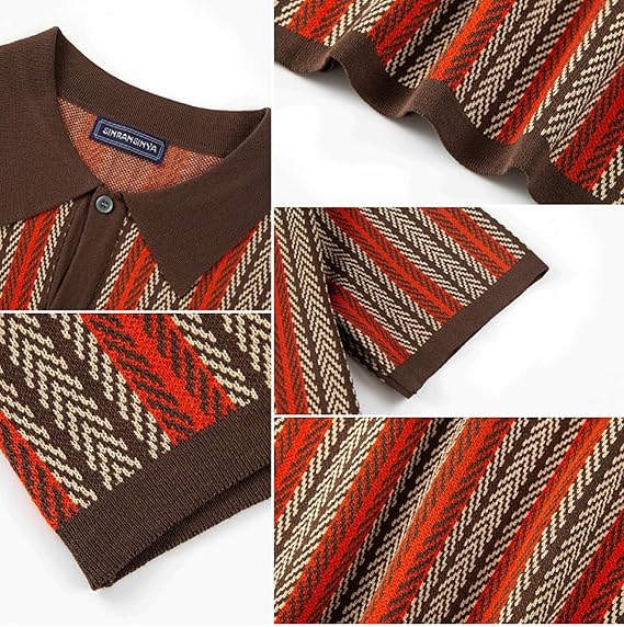 Mens Knit Polo Shirts Vintage Casual Short Sleeve Shirt Golf Button Down Pinstripe Old Money Top