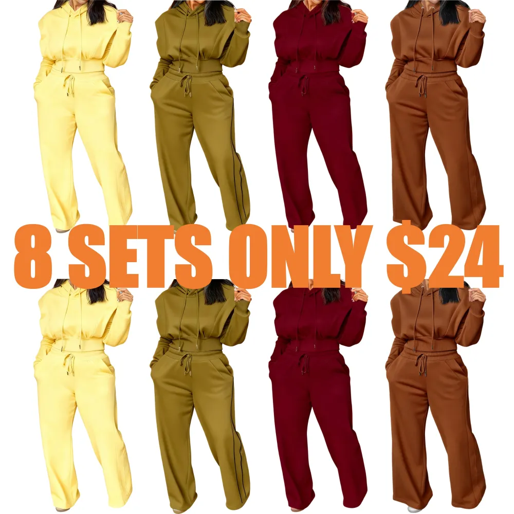 Hooded Long Sleeve Sweatshirt and Casual Wide Leg Sweatpants Set