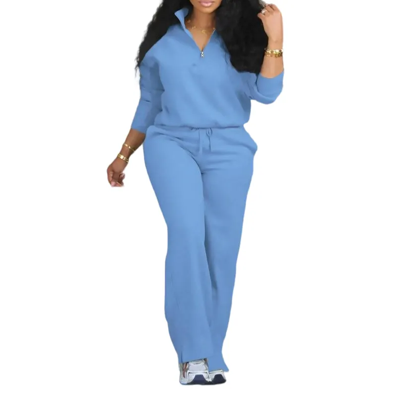 Women's Solid Half Placket Split Hem Pants Set