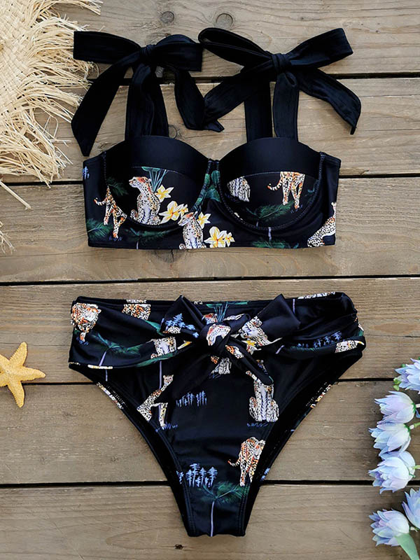 Leopard-Print Bandage High-Waist Bikini Swimwear