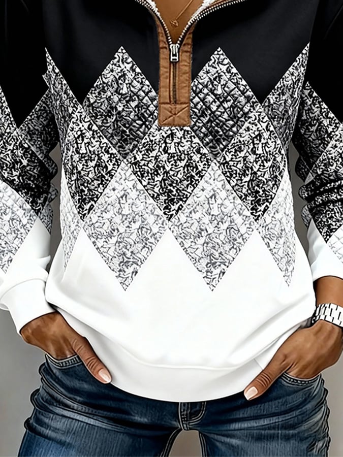 Women'S Casual Color-Block Printed Pullover Sweatshirt