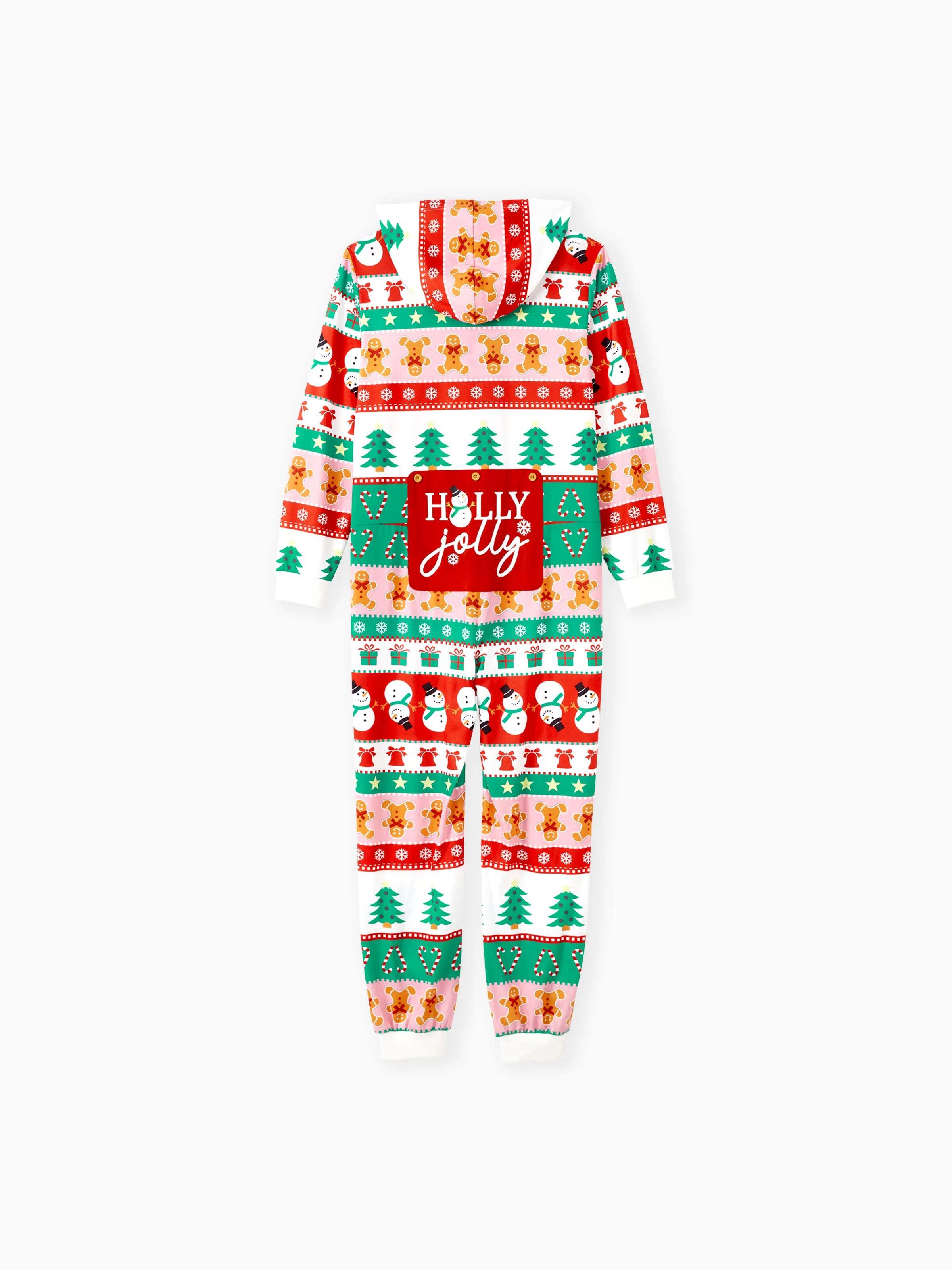 Onesies Pajamas Matching Christmas Outfits Allover Pattern Zipper Front Holly Jolly Print with Christmas Socks Back MultiColour