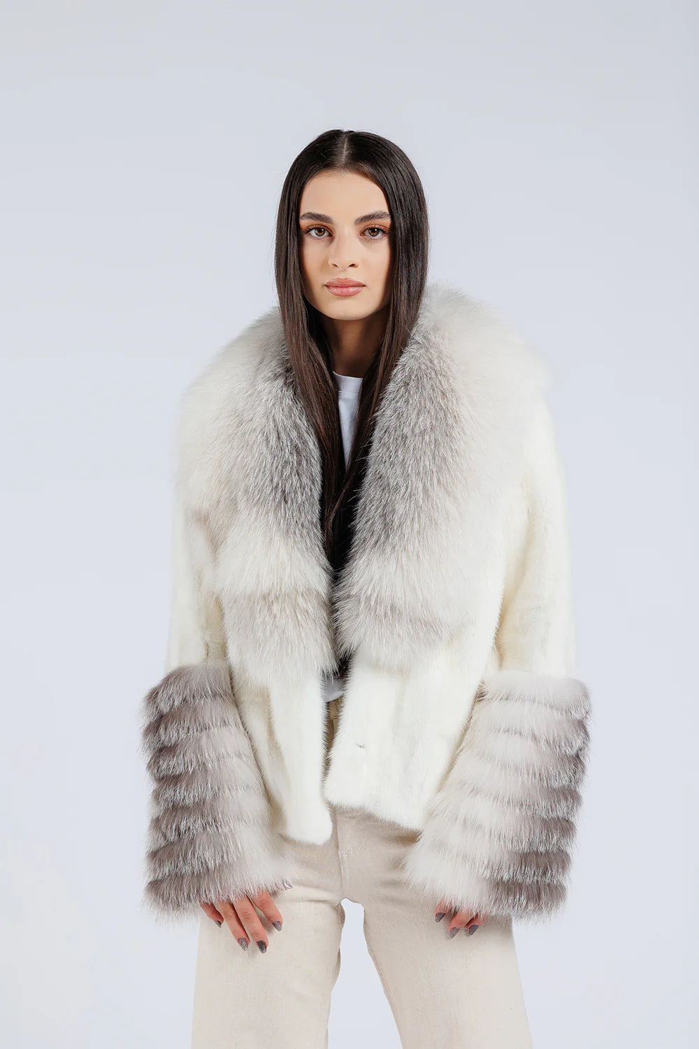 Haină din Blană Naturală de Vizon, cu Guler și Manșete din Blană Naturală de Vulpe, Femei, Imperial White 207