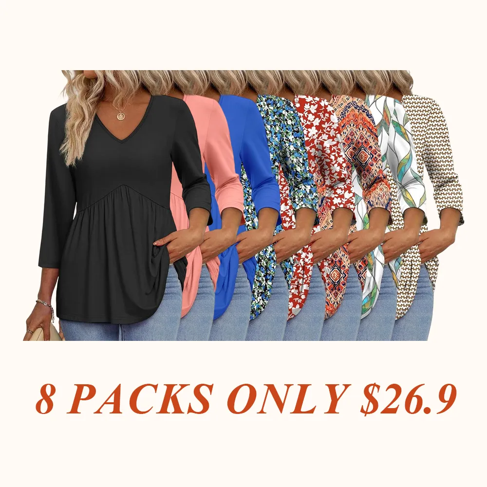 3/4 Length Sleeve Womens Tops 2025 Blouses for Women Dressy Casual Fashion Clothing V Neck Babydoll Tops Fall Outfits