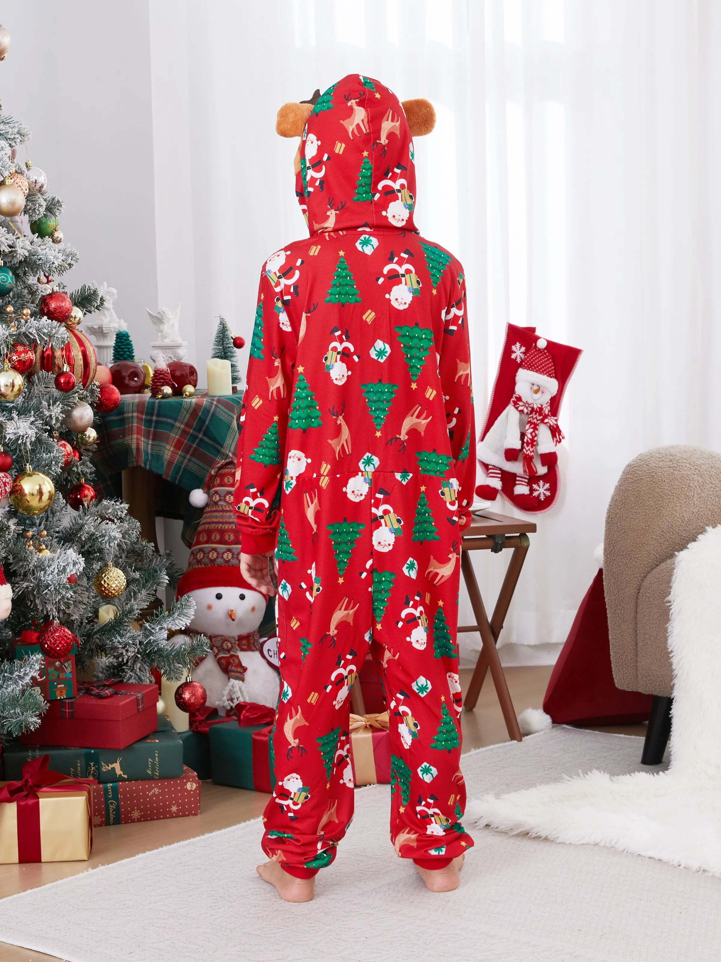 Christmas Family Pajamas Sets 3D Reindeer Hooded Allover Print Onesies with Christmas Socks Red-2