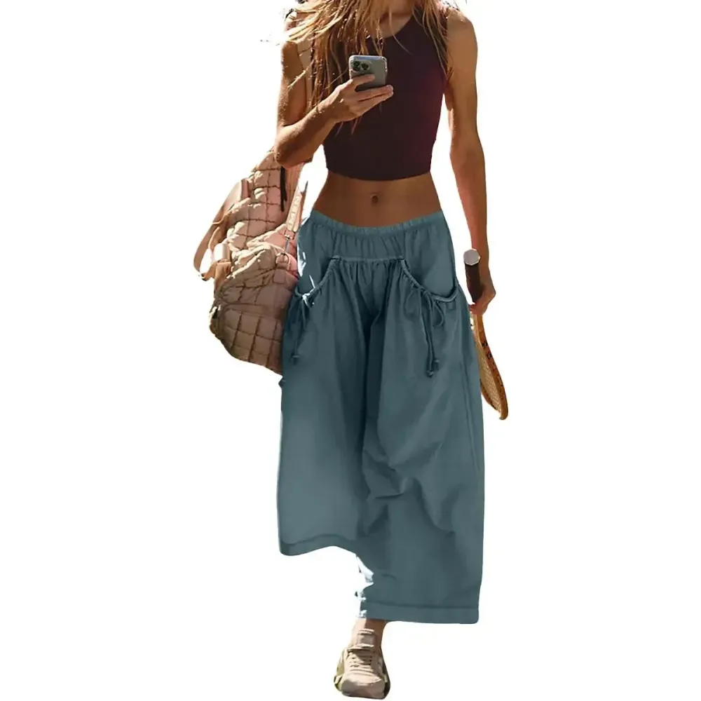 Women's Loose Wide Leg Track Pants Boho Sport Style Drawstring Pockets Elastic Waist Capri Hiking