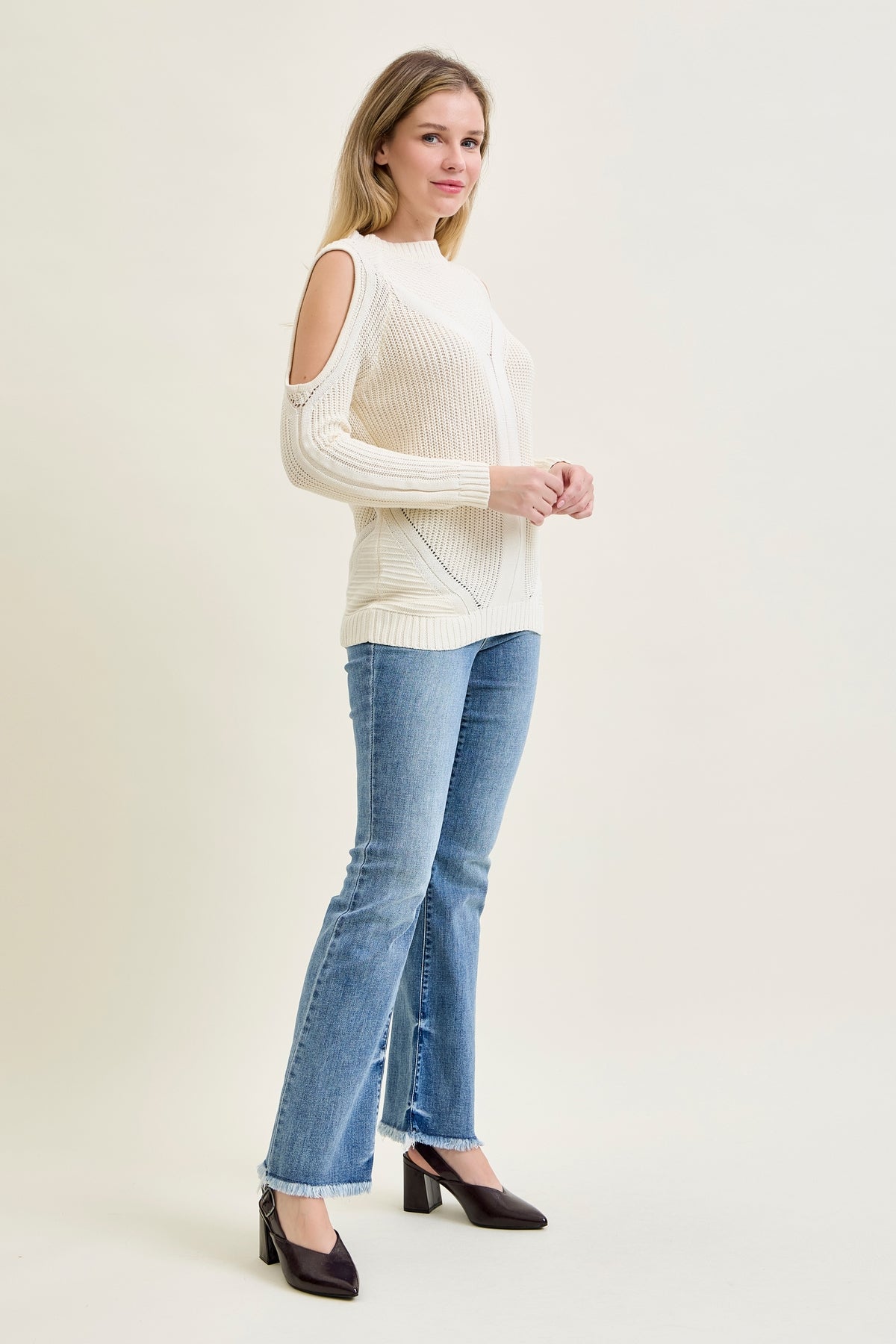 Cold Shoulder Cable Pullover White Sweater