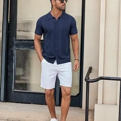 Mens Knit Button Down Shirt Short Sleeve Summer Casual Shirts Vintage Beach Vacation Shirts