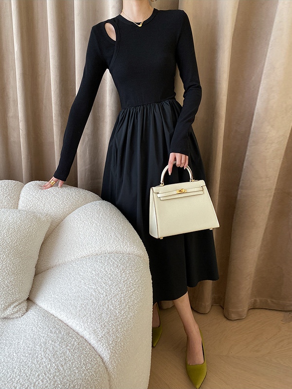 Elasticity Hollow Solid Color Split-Joint A-Line Long Sleeves Round-Neck Midi Dresses