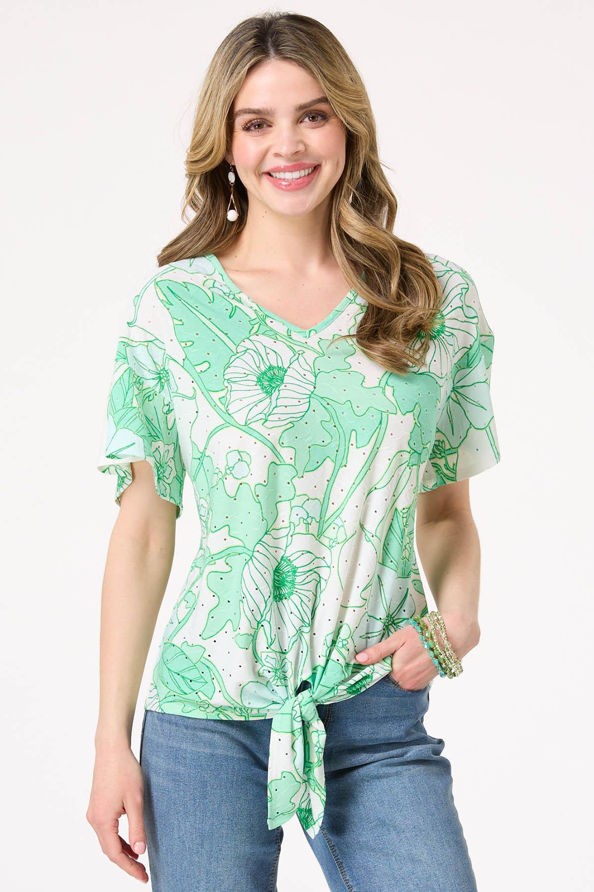 Floral Eyelet Tie Front Top