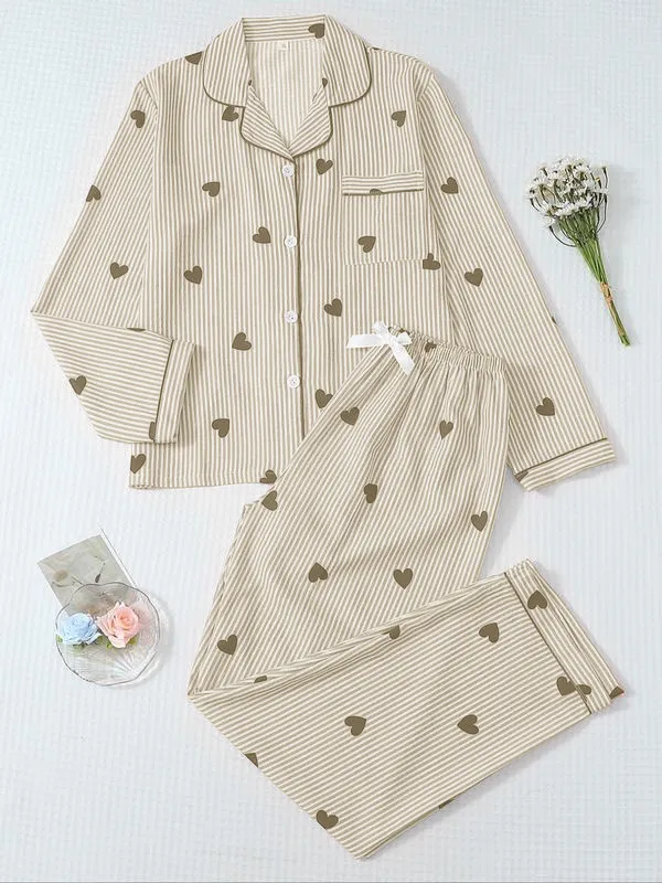Women's Striped Bow Print Long Sleeve Pajama Set
