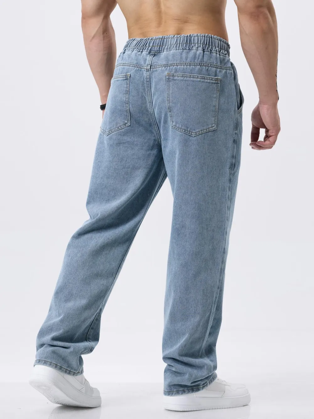 Men's Drawstring Elastic Waist Jeans, Washed Vintage Straight Leg Plain Denim Jeans
