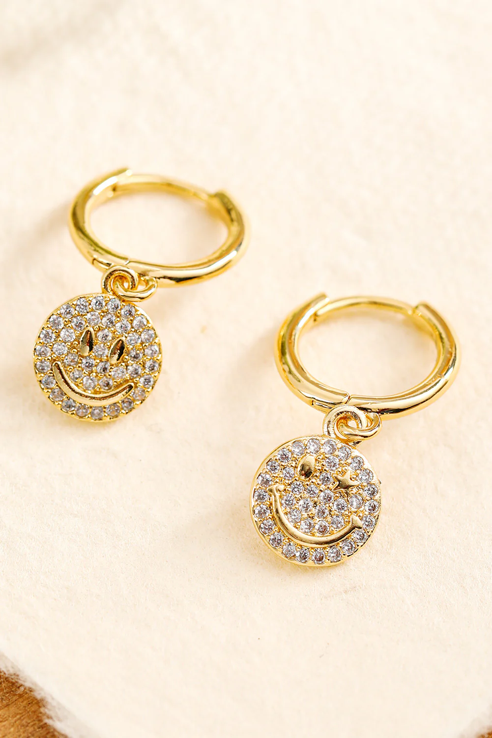 Gold Rhinestone Smiley Face Plated Hook Earrings