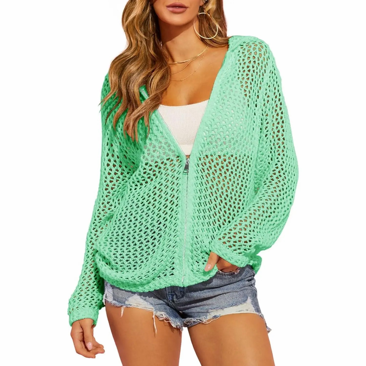 Women's Crochet Lightweight Cardigan – Zip Up Hooded Mesh Beach Cover Up